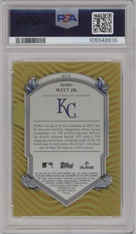 Bobby Witt Jr. from the 2024 Bowman Sterling set featuring a Gold Refractor parallel graded by PSA and given an overall grade of 10.