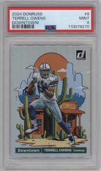 Terrell Owens from the 2024 Donruss set graded by PSA and given an overall grade of 9.