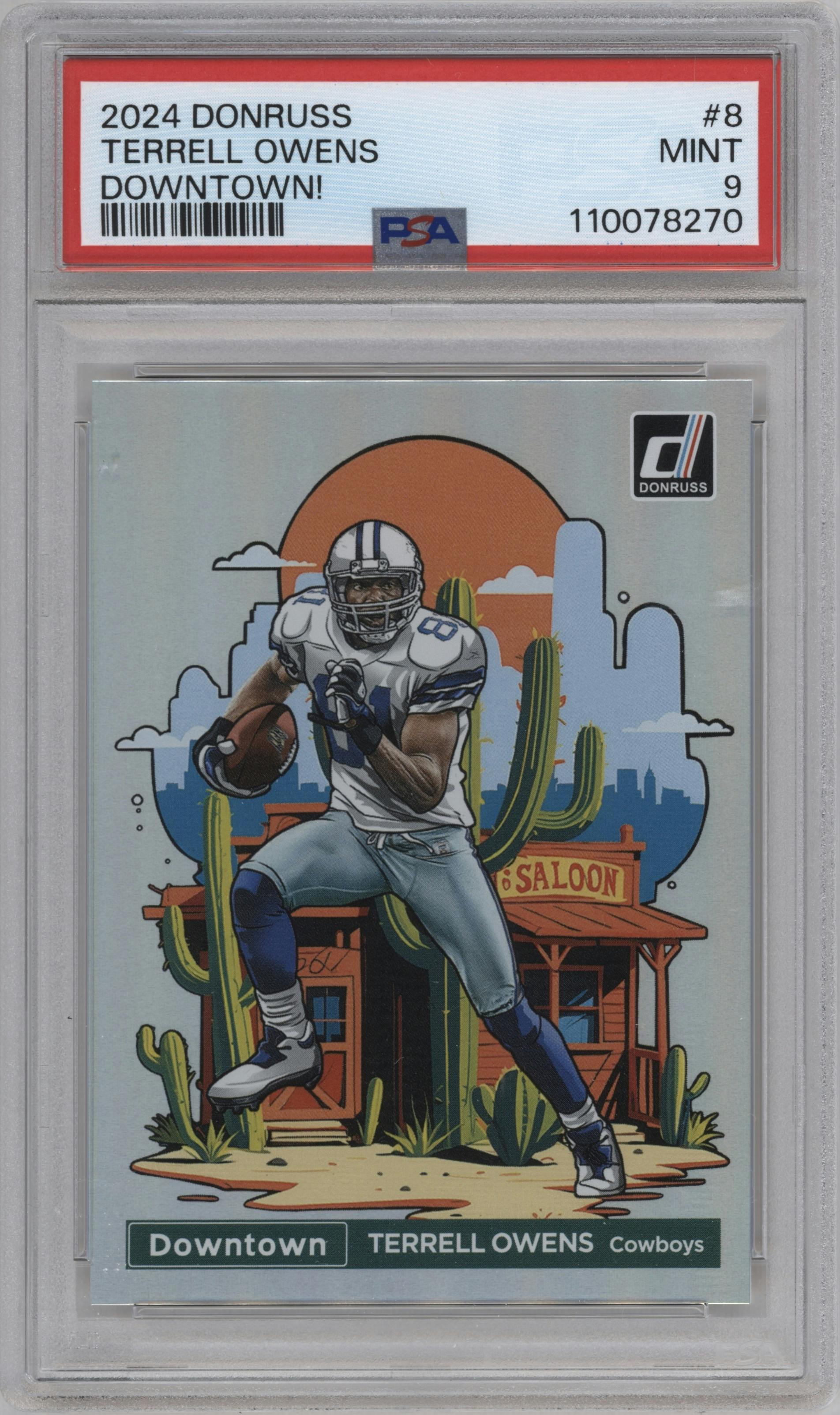 Terrell Owens from the 2024 Donruss set graded by PSA and given an overall grade of 9.