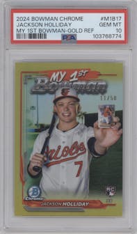 Jackson Holliday from the 2024 Bowman Chrome set featuring a Gold Refractors parallel graded by PSA and given an overall grade of 10.