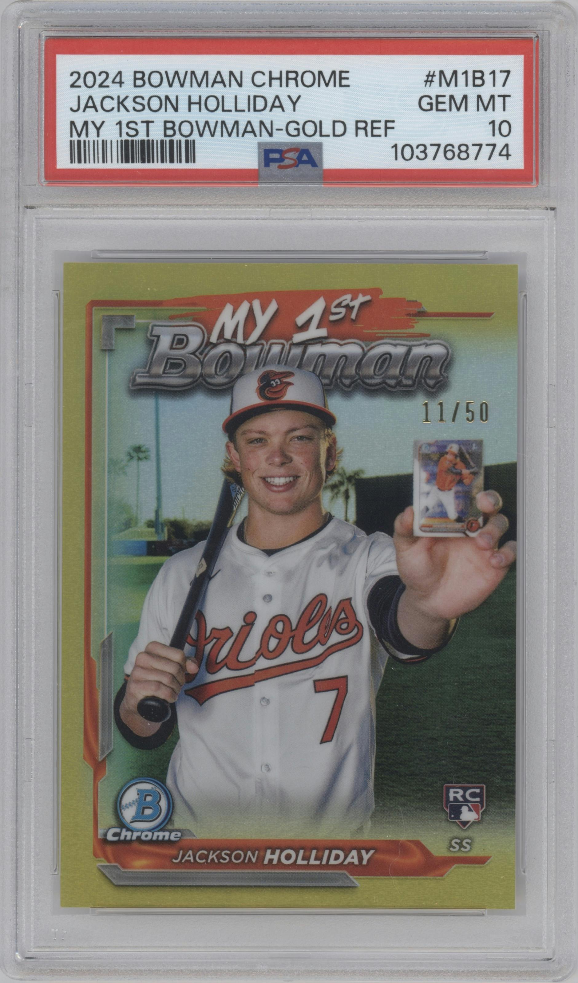 Jackson Holliday from the 2024 Bowman Chrome set featuring a Gold Refractors parallel graded by PSA and given an overall grade of 10.