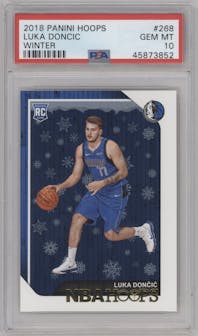 Luka Doncic from the 2018-19 Panini NBA Hoops  set featuring a Winter parallel graded by PSA and given an overall grade of 10.