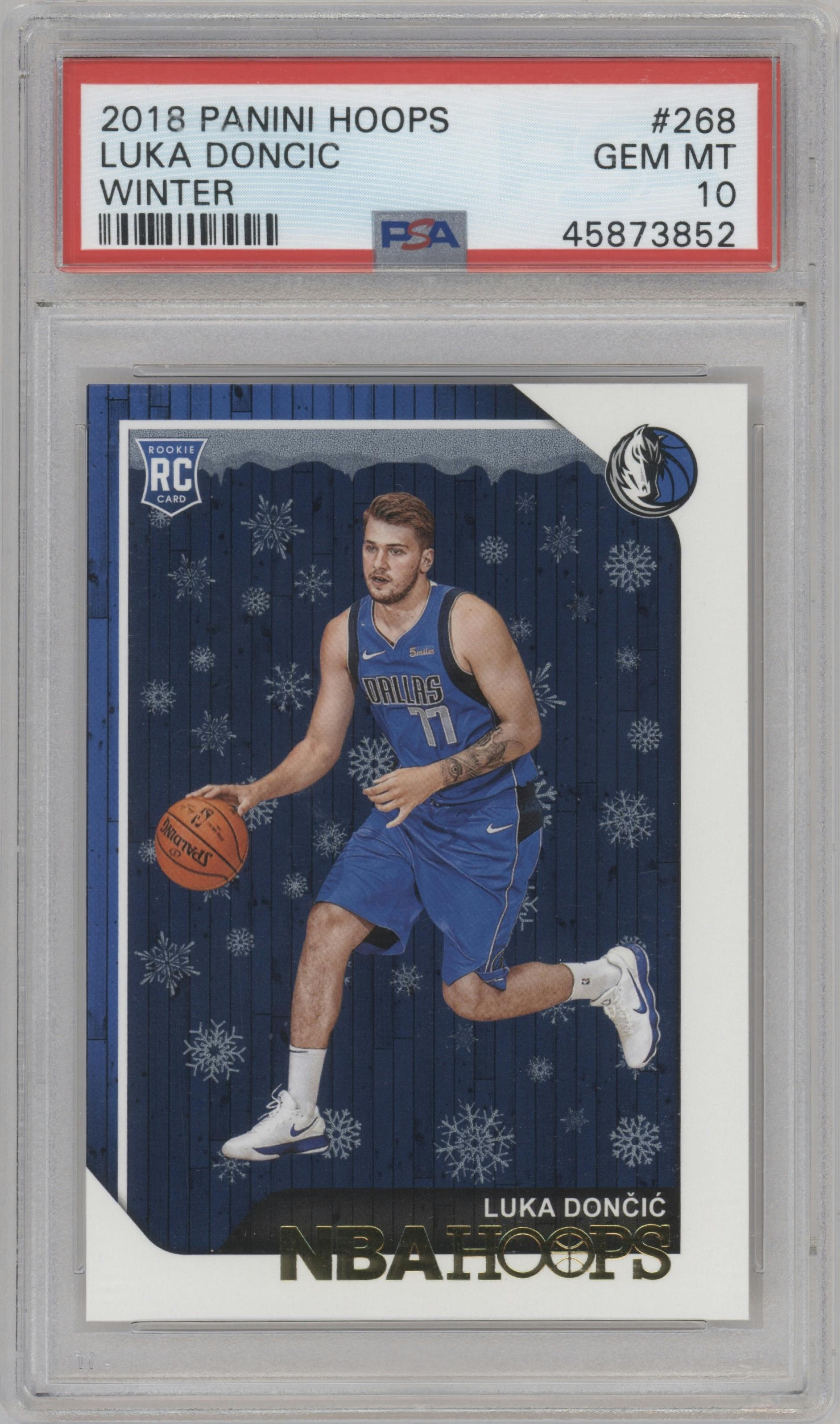 Luka Doncic from the 2018-19 Panini NBA Hoops  set featuring a Winter parallel graded by PSA and given an overall grade of 10.