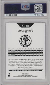 Luka Doncic from the 2018-19 Panini NBA Hoops  set featuring a Winter parallel graded by PSA and given an overall grade of 10.