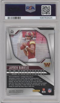 Jayden Daniels from the 2024 Panini Prizm set graded by PSA and given an overall grade of 10.