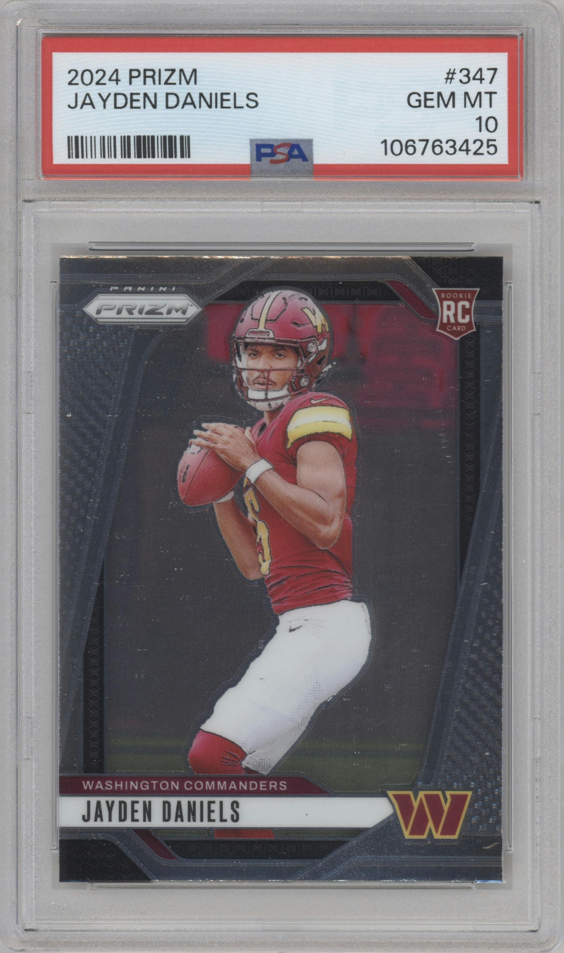 Jayden Daniels from the 2024 Panini Prizm set graded by PSA and given an overall grade of 10.