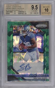 Saquon Barkley from the 2018 Panini Prizm set featuring a Green Crystals parallel graded by Beckett and given an overall grade of 9.5.