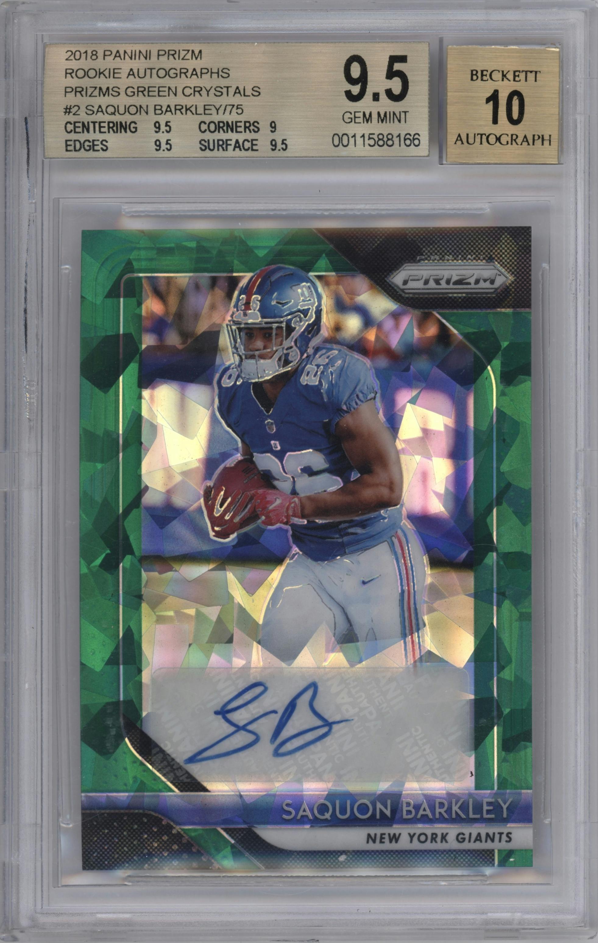 Saquon Barkley from the 2018 Panini Prizm set featuring a Green Crystals parallel graded by Beckett and given an overall grade of 9.5.