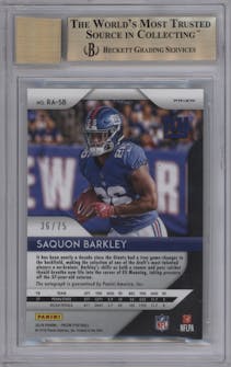 Saquon Barkley from the 2018 Panini Prizm set featuring a Green Crystals parallel graded by Beckett and given an overall grade of 9.5.