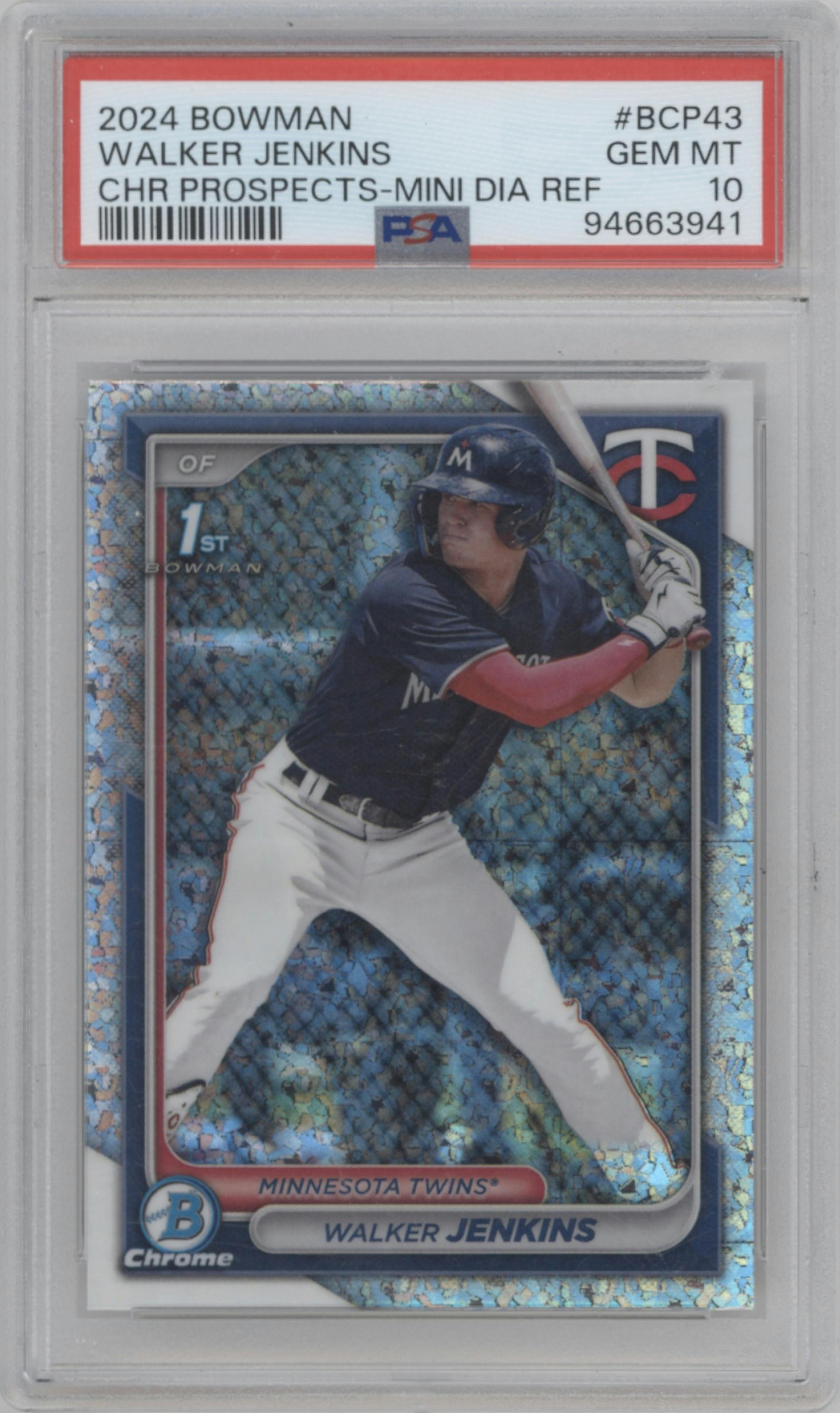 Walker Jenkins from the 2024 Bowman set featuring a Mini-Diamond Refractor parallel graded by PSA and given an overall grade of 10.