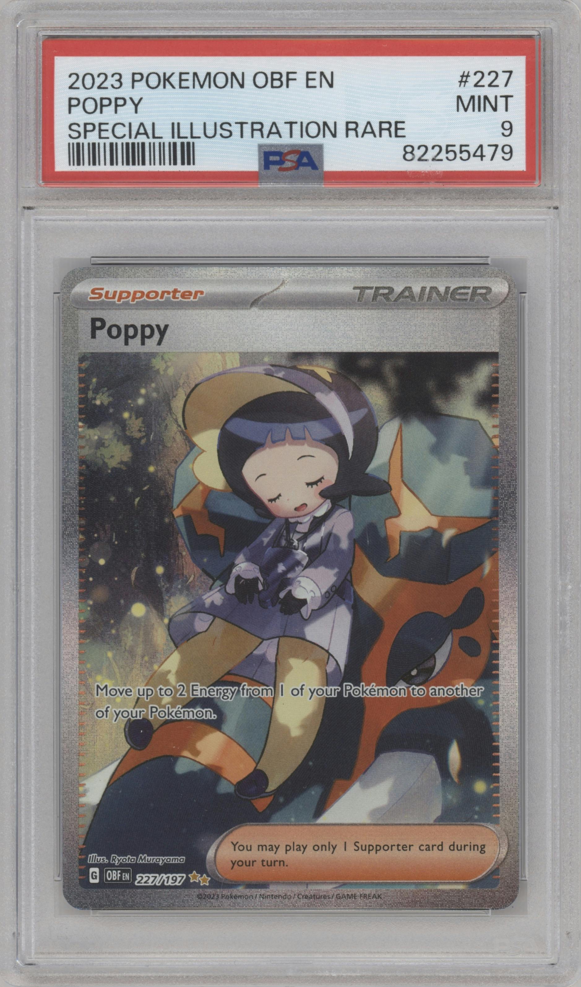 Poppy from the 2023 Pokemon SV set graded by PSA and given an overall grade of 9.