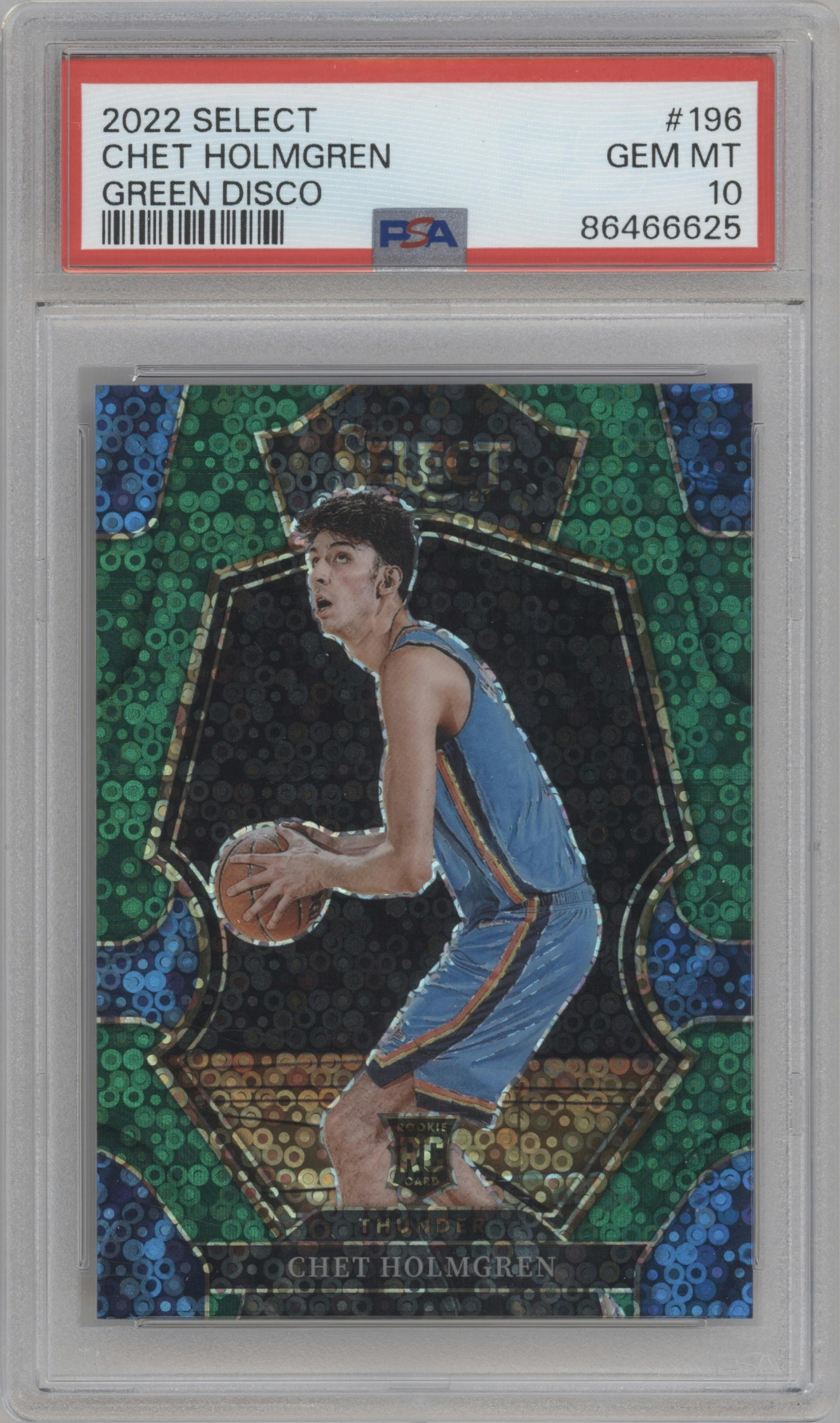  Chet Holmgren from the 2022-23 Panini Select set featuring a Green Disco parallel graded by PSA and given an overall grade of 10.