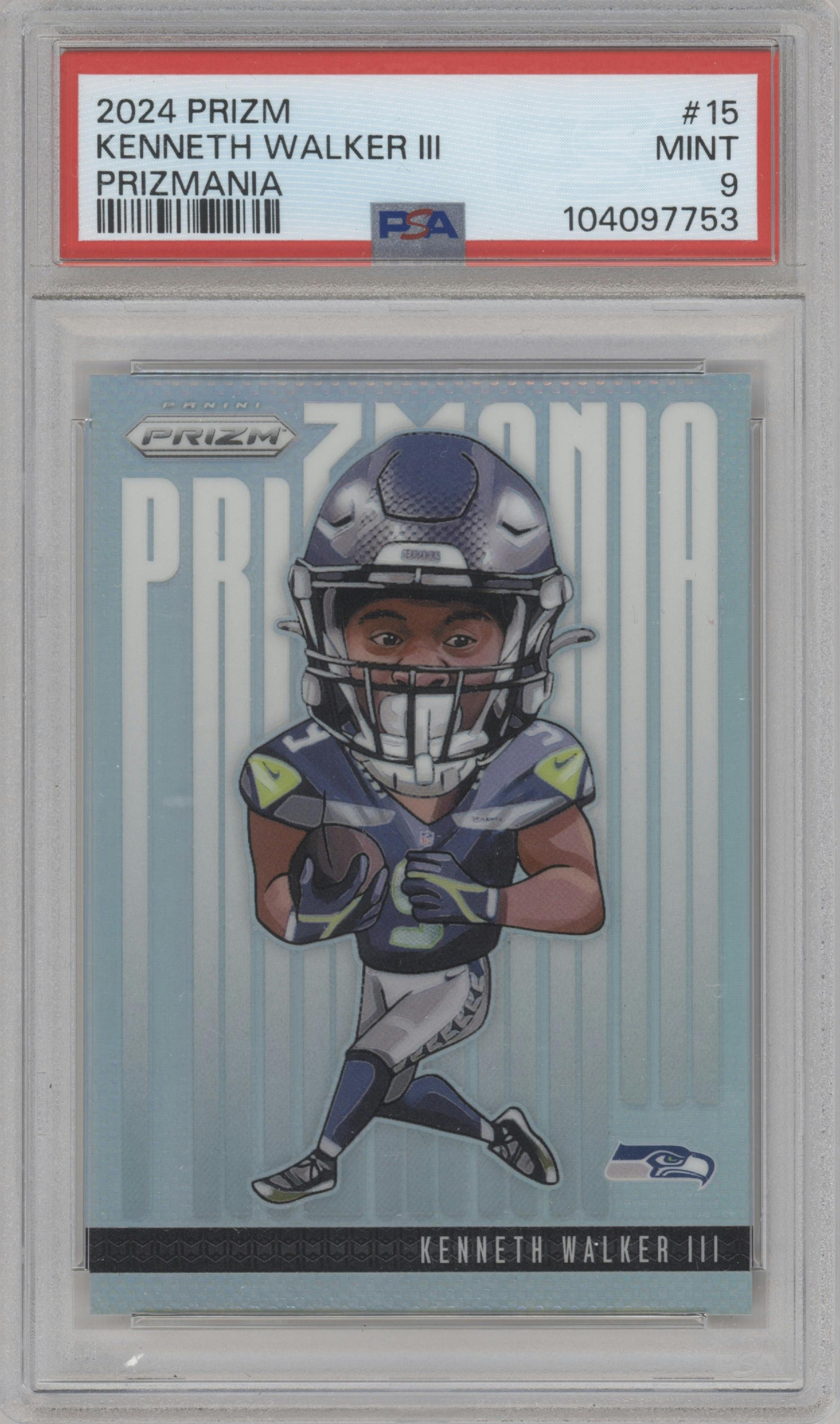 Kenneth Walker III from the 2024 Panini Prizm set graded by PSA and given an overall grade of 9.