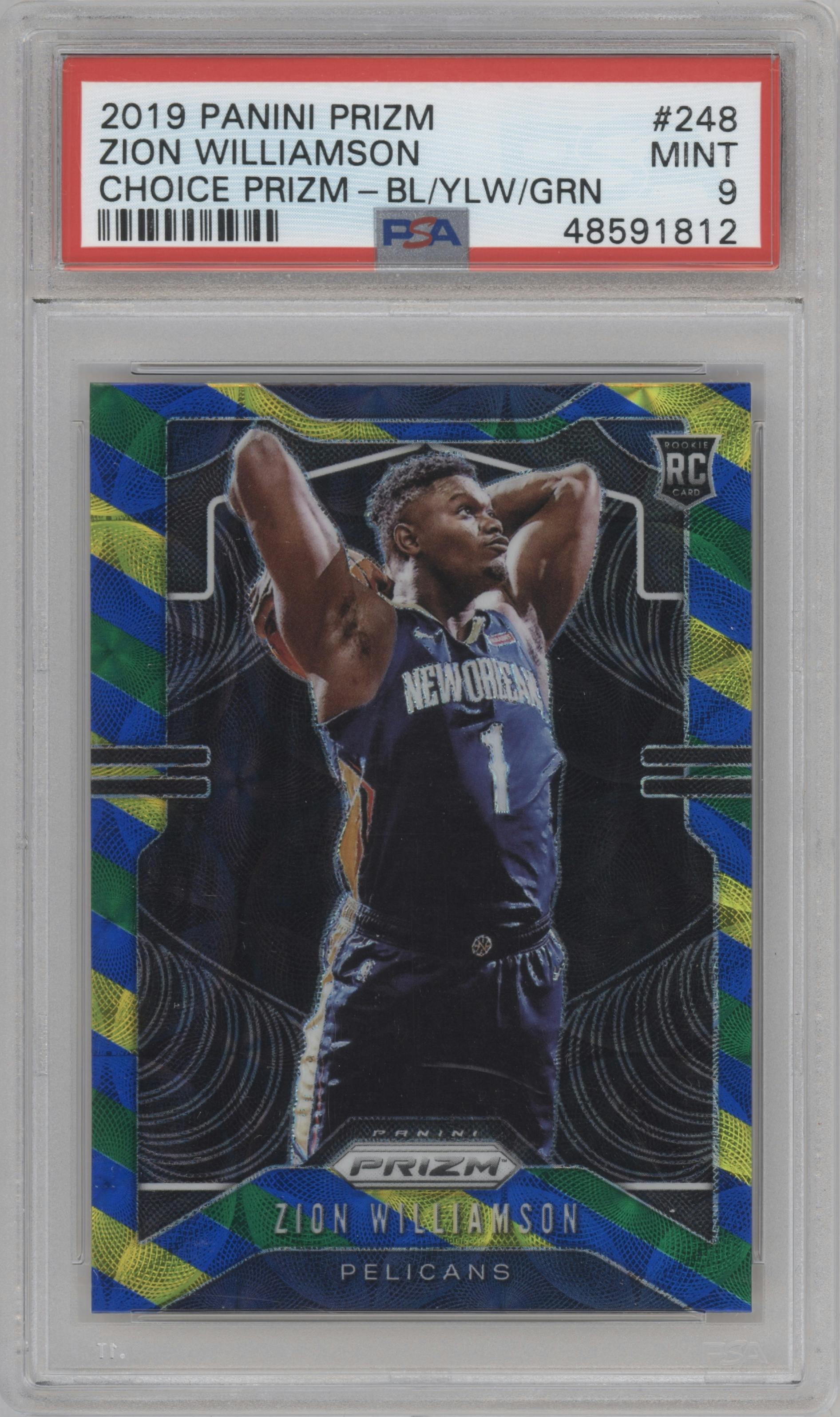 Zion Williamson from the 2019-20 Panini Prizm set featuring a Choice Blue/Yellow/Green  parallel graded by PSA and given an overall grade of 9.