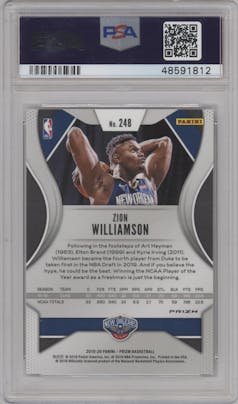 Zion Williamson from the 2019-20 Panini Prizm set featuring a Choice Blue/Yellow/Green  parallel graded by PSA and given an overall grade of 9.