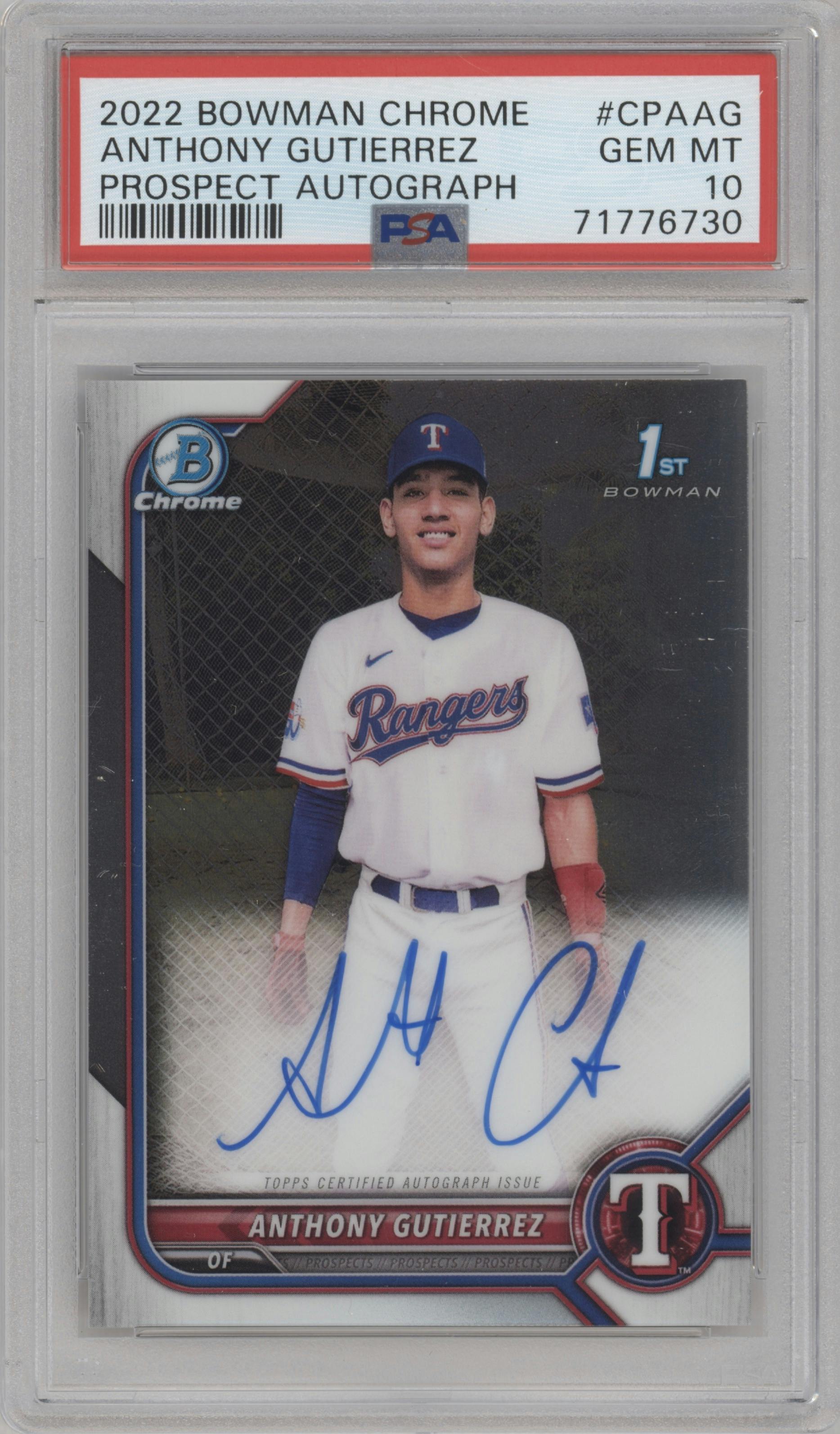 Anthony Gutierrez from the 2022 Bowman Chrome set graded by PSA and given an overall grade of 10.