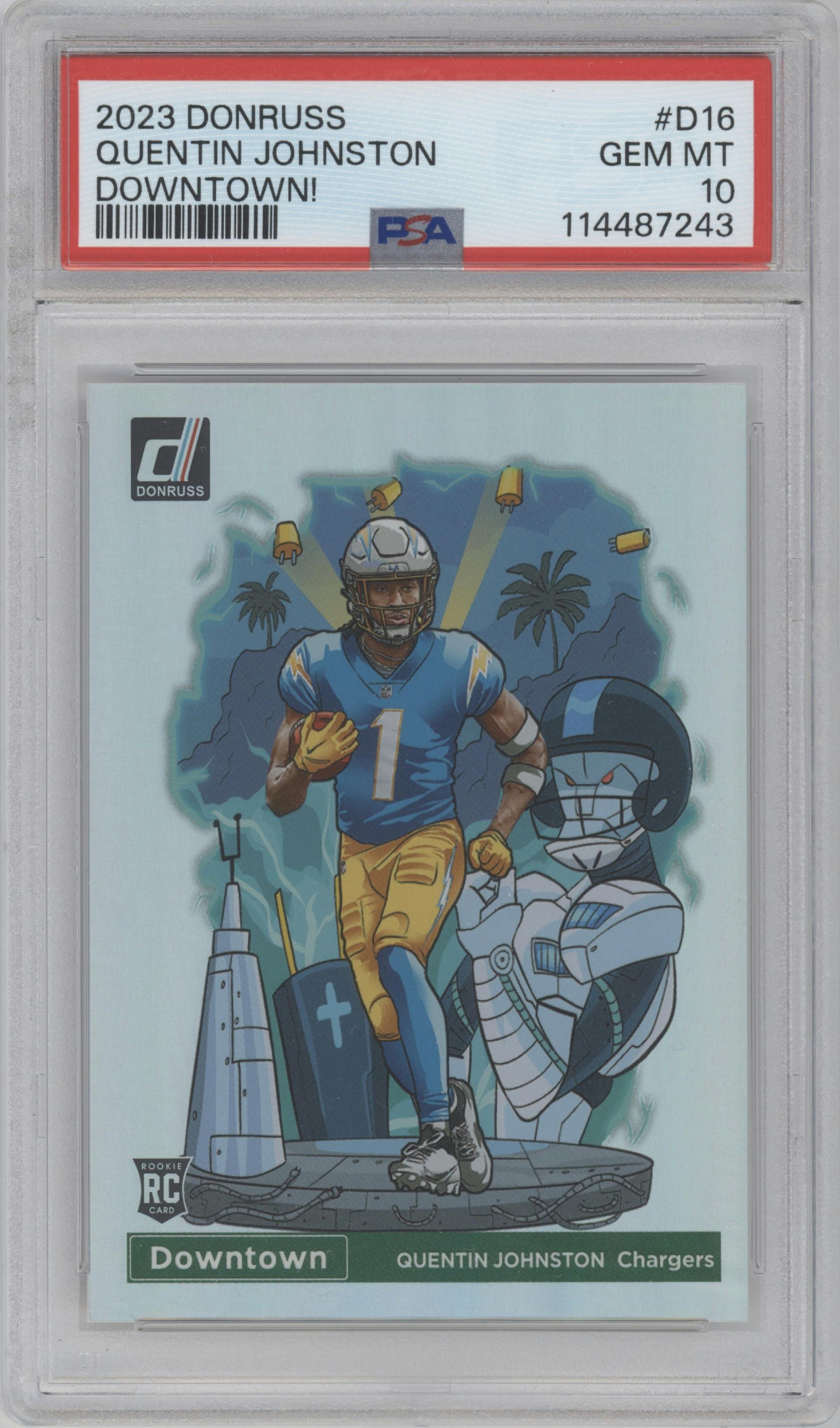 Quentin Johnston from the 2023 Panini Donruss set graded by PSA and given an overall grade of 10.