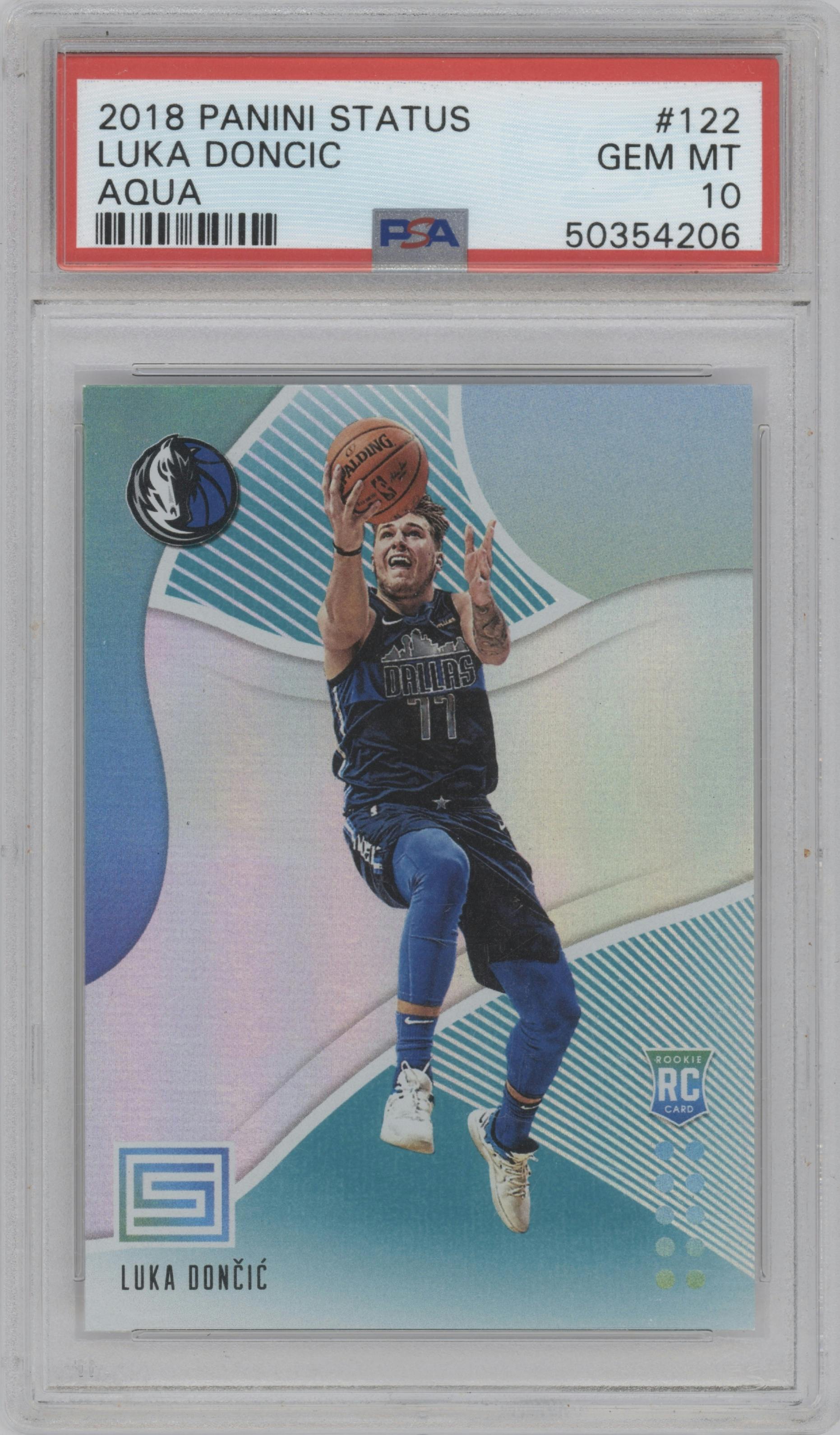 Luka Doncic from the 2018-19 Panini Status set featuring a Aqua parallel graded by PSA and given an overall grade of 10.