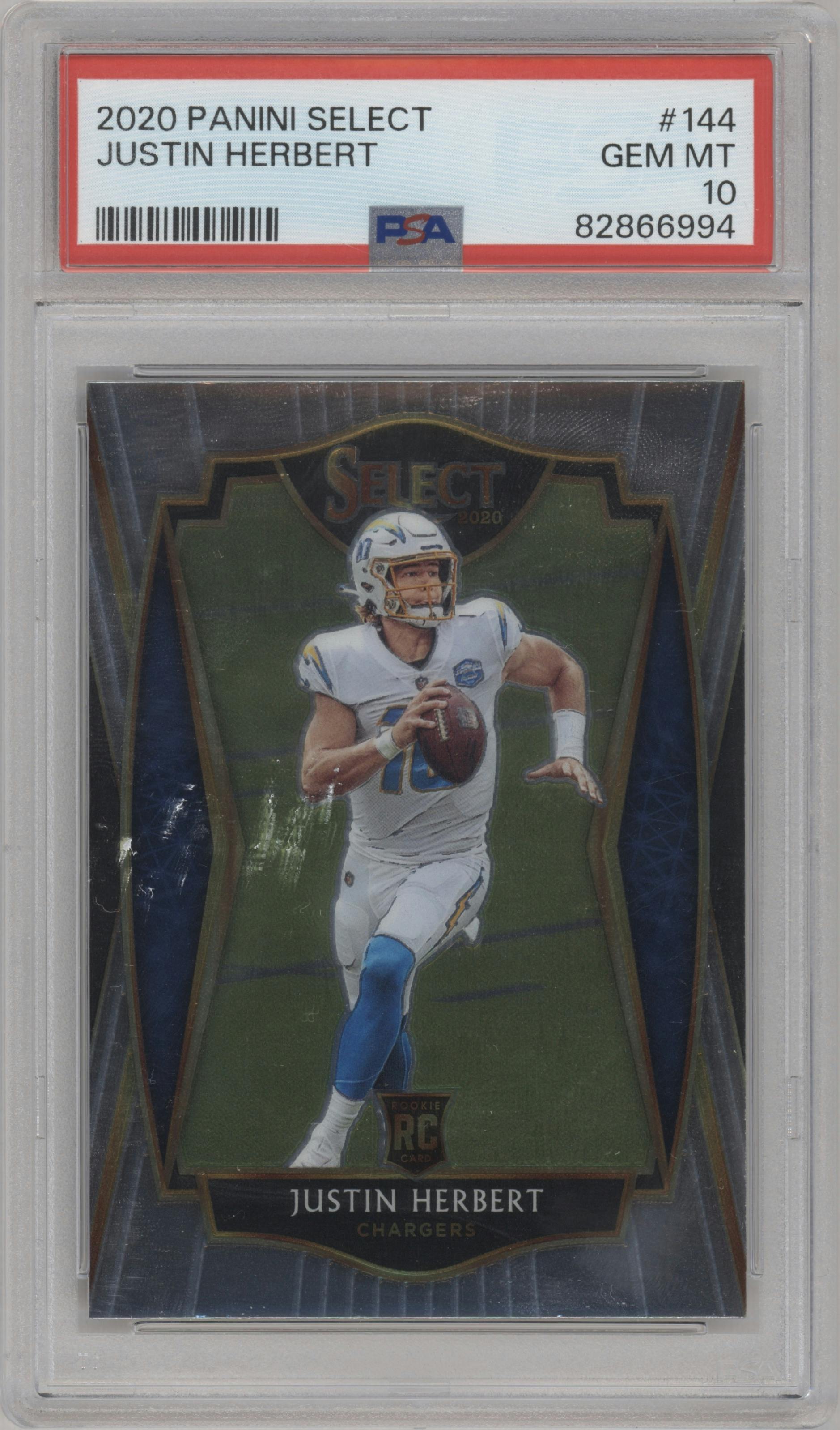 Justin Herbert from the 2020 Panini Select set graded by PSA and given an overall grade of 10.