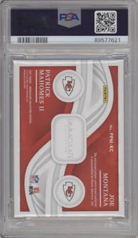 Joe Montana/Patrick Mahomes II from the 2021 Panini Immaculate Collection set graded by PSA and given an overall grade of 9.