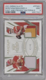 Joe Montana/Patrick Mahomes II from the 2021 Panini Immaculate Collection set graded by PSA and given an overall grade of 9.