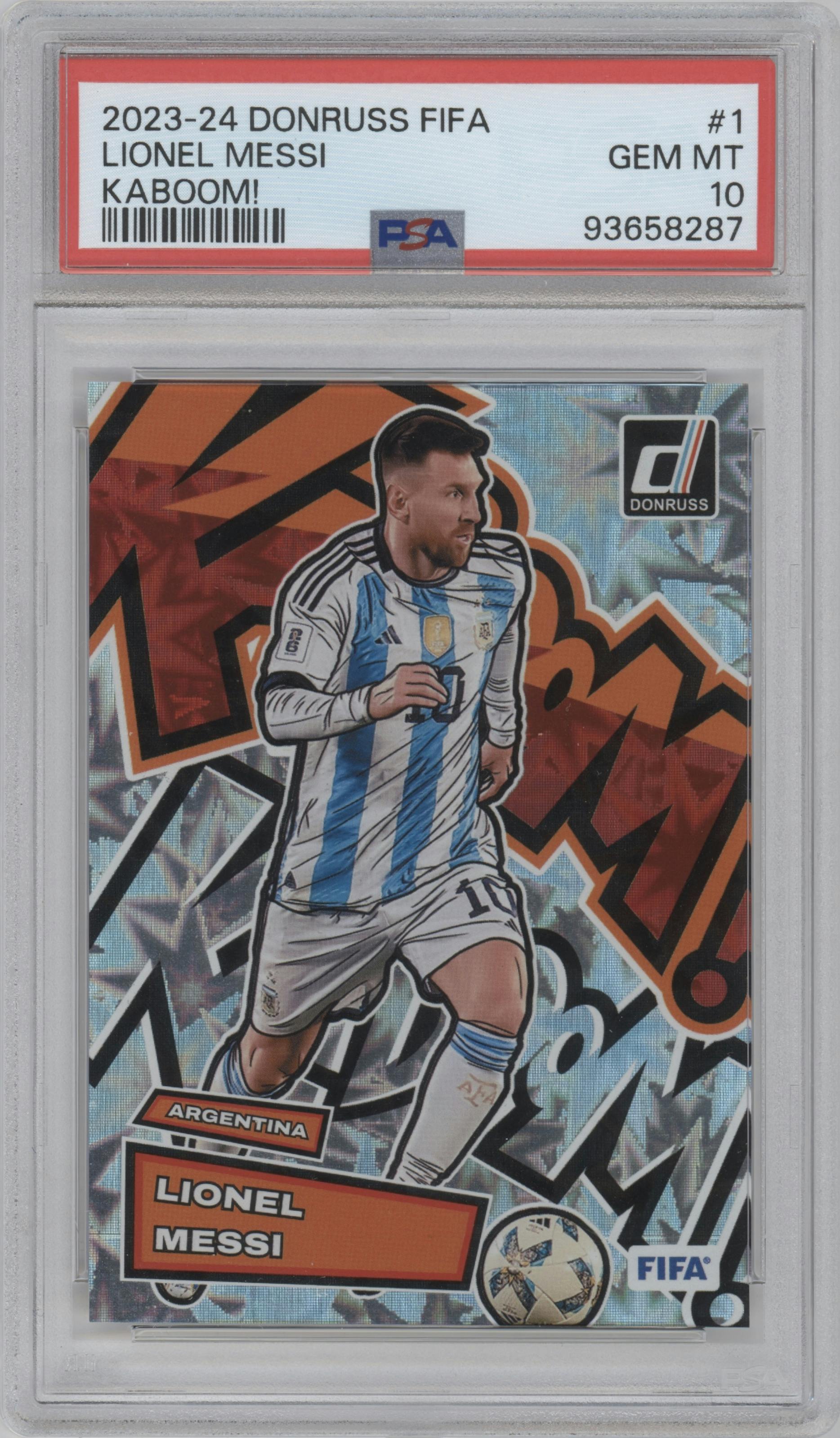Lionel Messi from the 2023-24 Panini Donruss set graded by PSA and given an overall grade of 10.