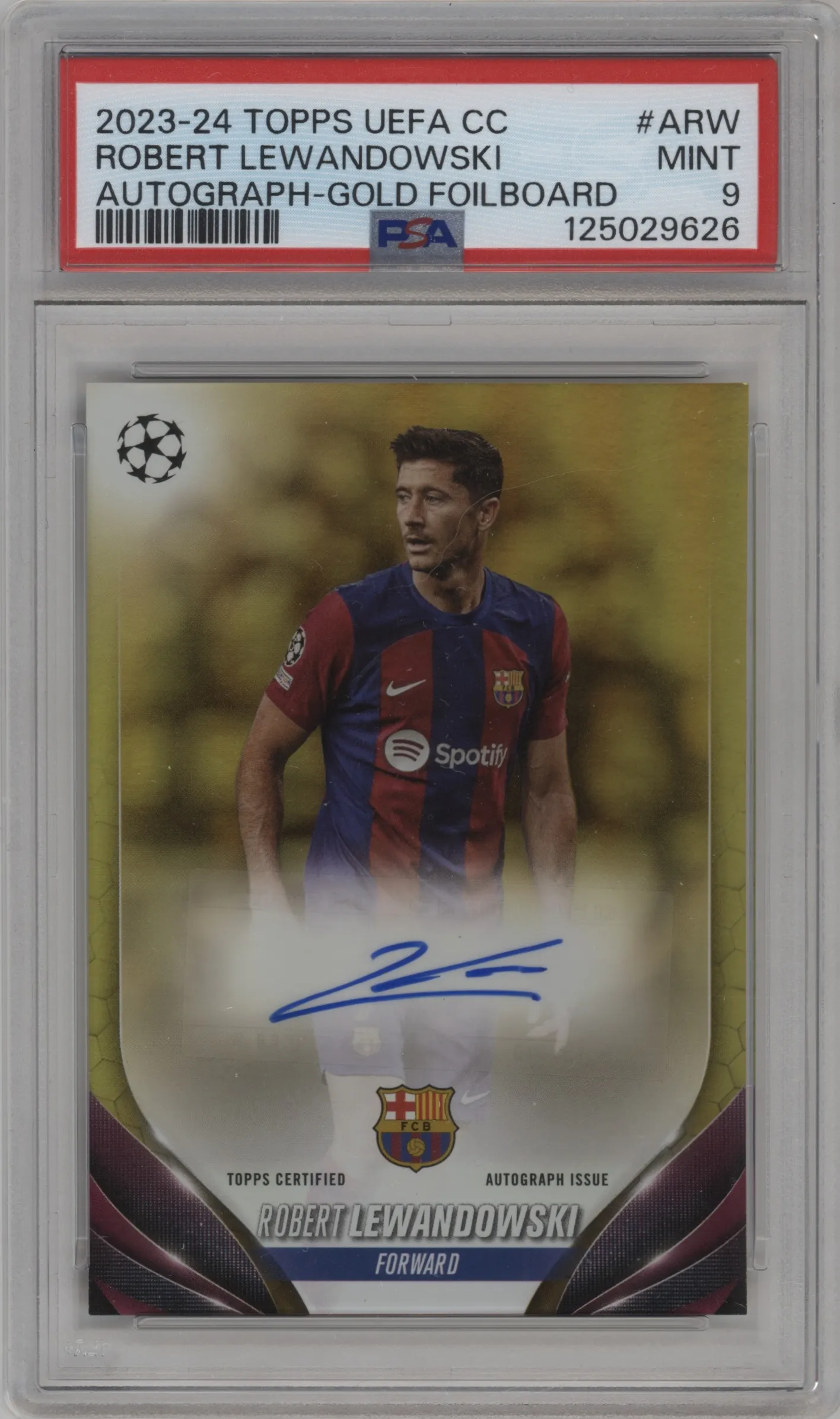 2023 Topps UEFA Club Competitions Auto Robert Lewandowski Gold Foilboard PSA 9