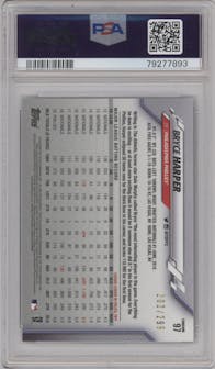 Bryce Harper from the 2020 Topps Chrome set featuring a Purple Refractor parallel graded by PSA and given an overall grade of 10.