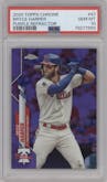 Bryce Harper from the 2020 Topps Chrome set featuring a Purple Refractor parallel graded by PSA and given an overall grade of 10.