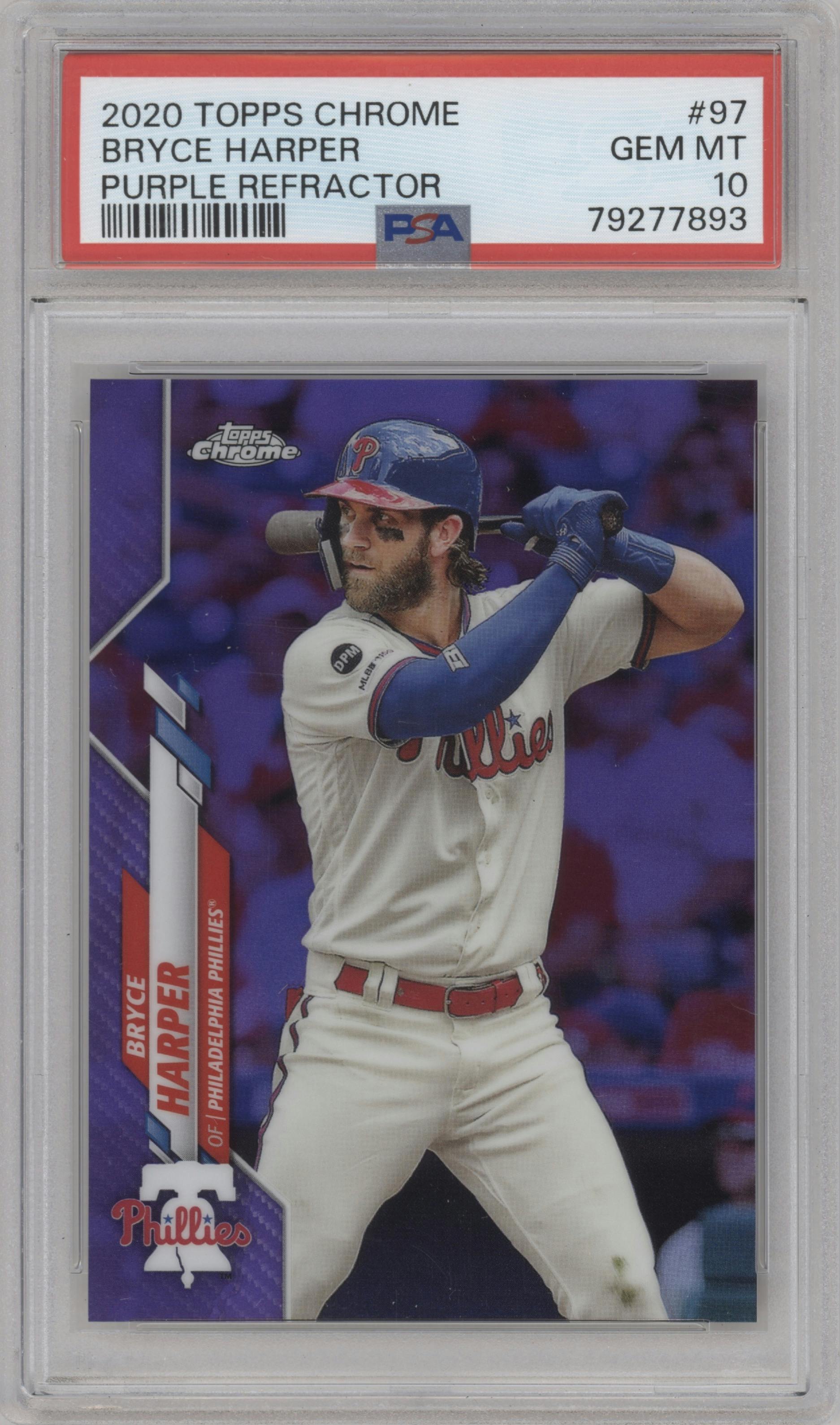 Bryce Harper from the 2020 Topps Chrome set featuring a Purple Refractor parallel graded by PSA and given an overall grade of 10.