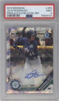 Julio Rodriguez from the 2019 Bowman  set featuring a Atomic Refractor parallel graded by PSA and given an overall grade of 9.