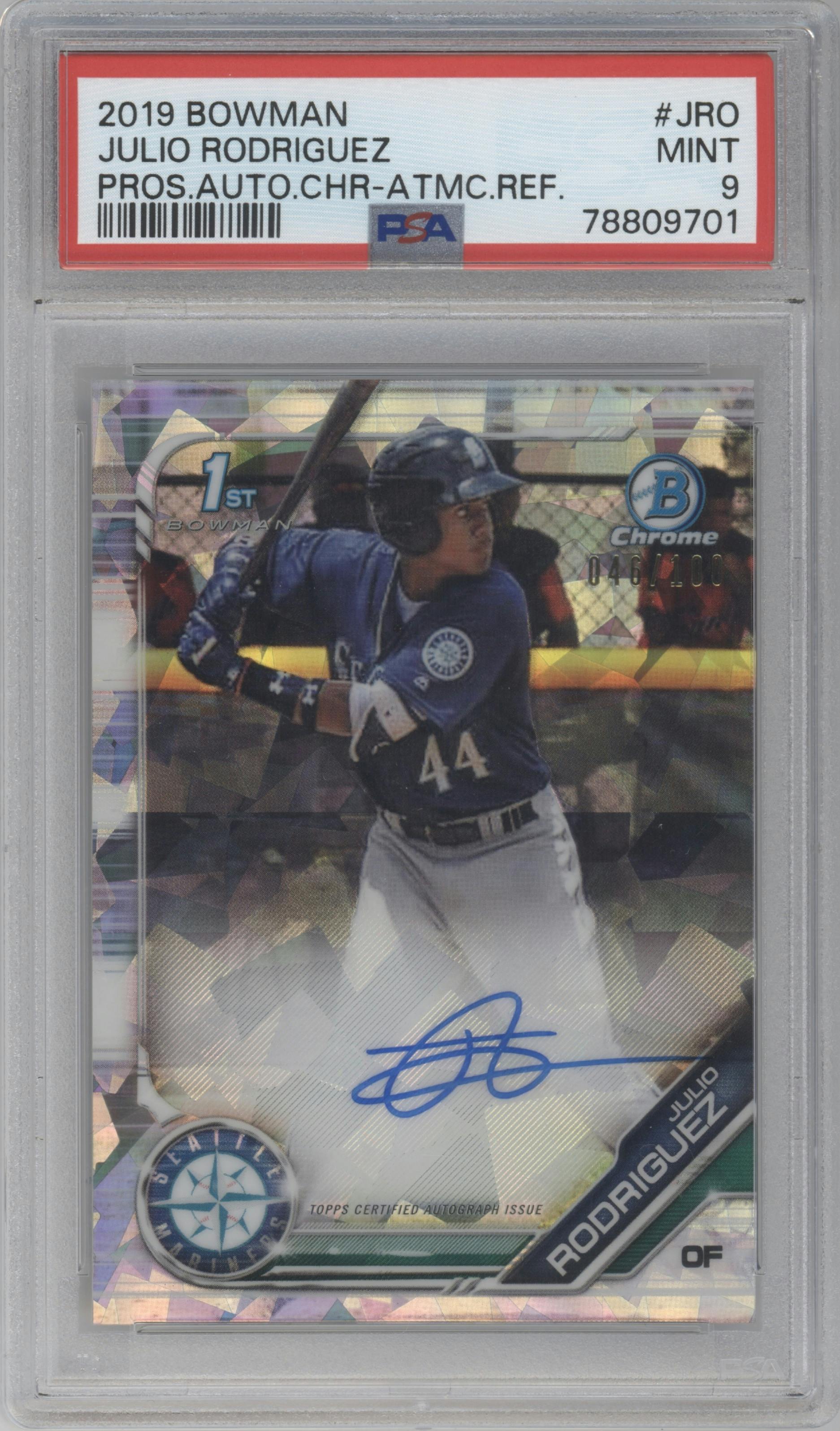 Julio Rodriguez from the 2019 Bowman  set featuring a Atomic Refractor parallel graded by PSA and given an overall grade of 9.