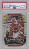 Patrick Mahomes II from the 2021 Panini Select set featuring a Die-Cut Black/Gold parallel graded by PSA and given an overall grade of 10.