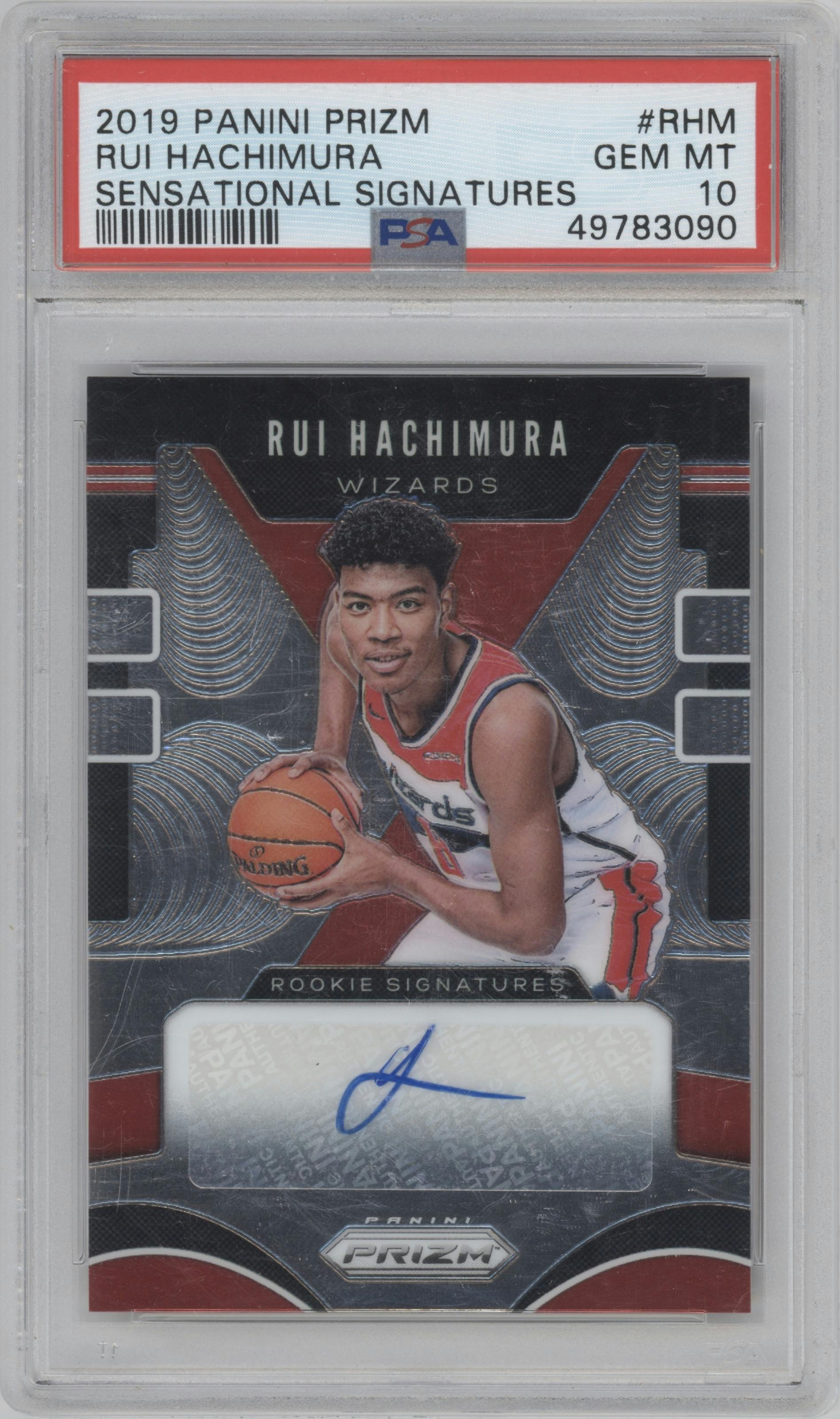 Rui Hachimura from the 2019-20 Panini Prizm set graded by PSA and given an overall grade of 10.