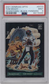Tom Brady from the 2021 Panini Donruss Optic set featuring a Black Pandora parallel graded by PSA and given an overall grade of 9.