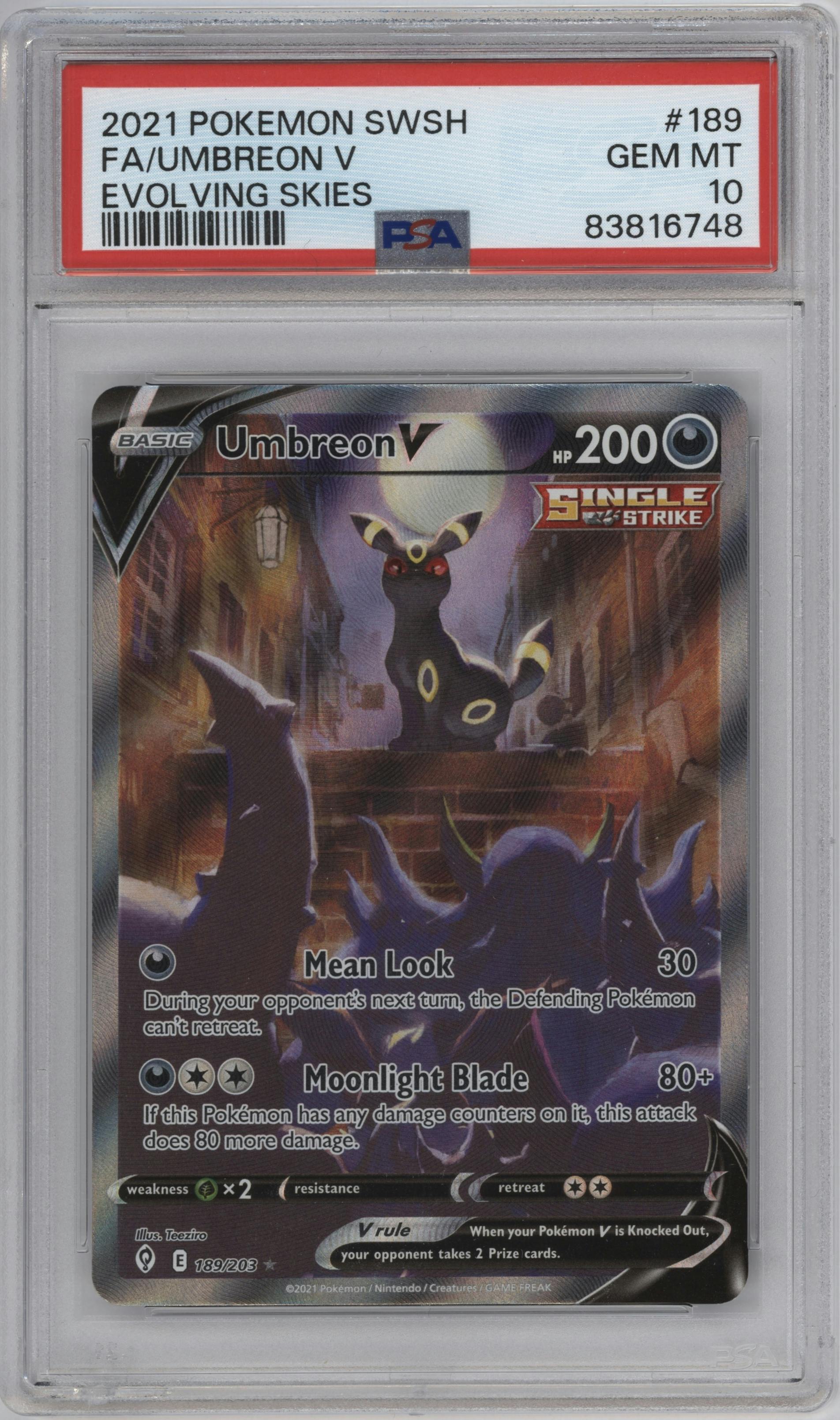 Umbreon V from the 2021 Pokemon SWSH set graded by PSA and given an overall grade of 10.