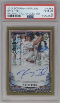 Kyle Teel from the 2024 Bowman Sterling set featuring a Gold Refractor parallel graded by PSA and given an overall grade of 10.
