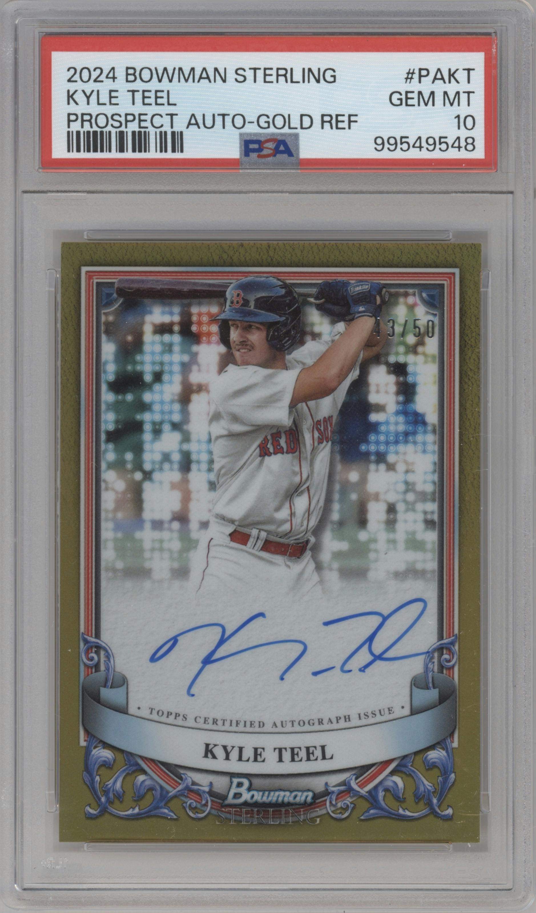 Kyle Teel from the 2024 Bowman Sterling set featuring a Gold Refractor parallel graded by PSA and given an overall grade of 10.