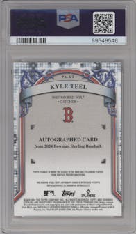 Kyle Teel from the 2024 Bowman Sterling set featuring a Gold Refractor parallel graded by PSA and given an overall grade of 10.
