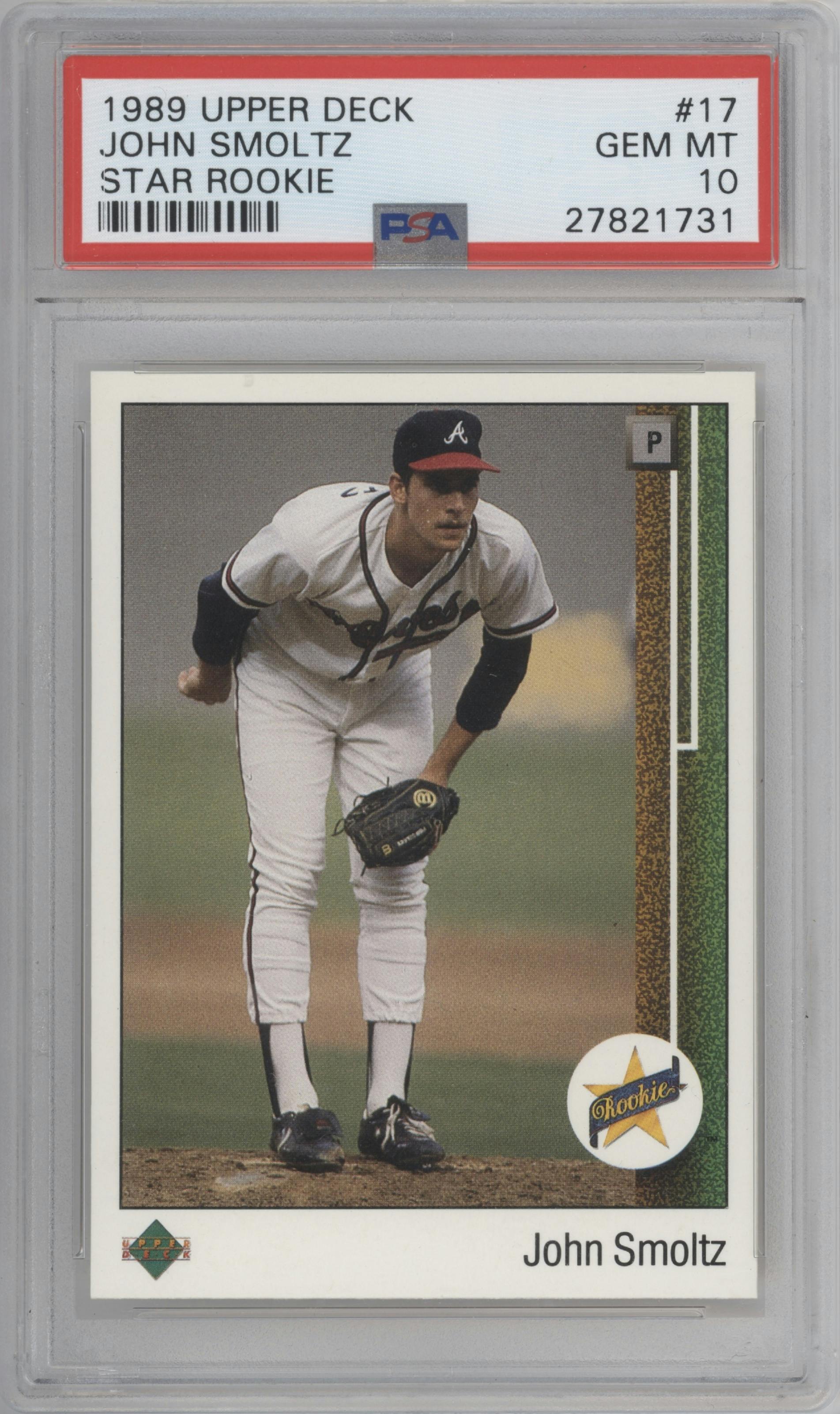 John Smoltz from the 1989 Upper Deck set graded by PSA and given an overall grade of 10.