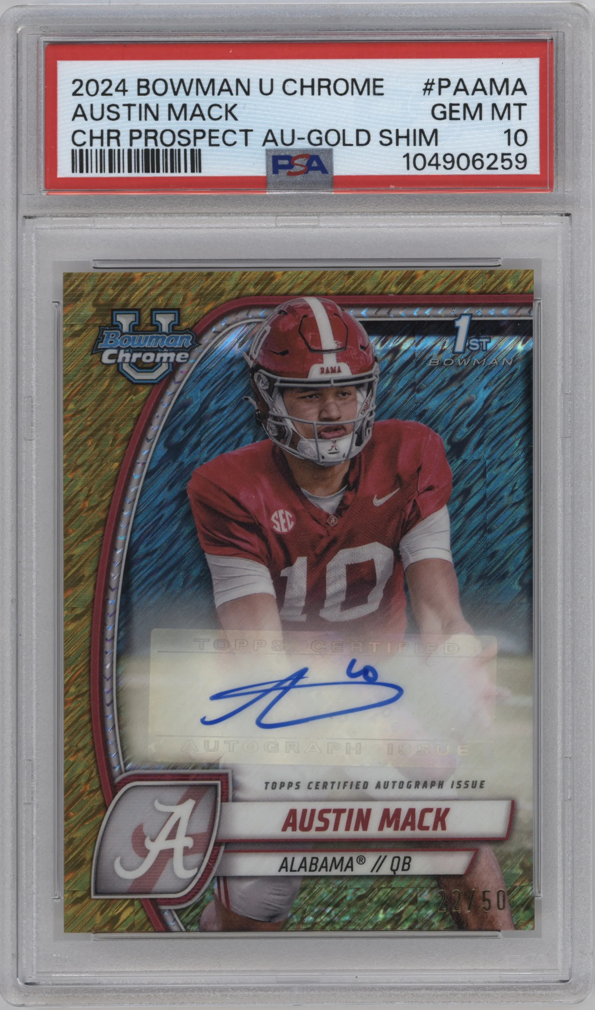 2024 Bowman University Chrome Pros.Auto Austin Mack Gold Shimmer Refractor PSA 10