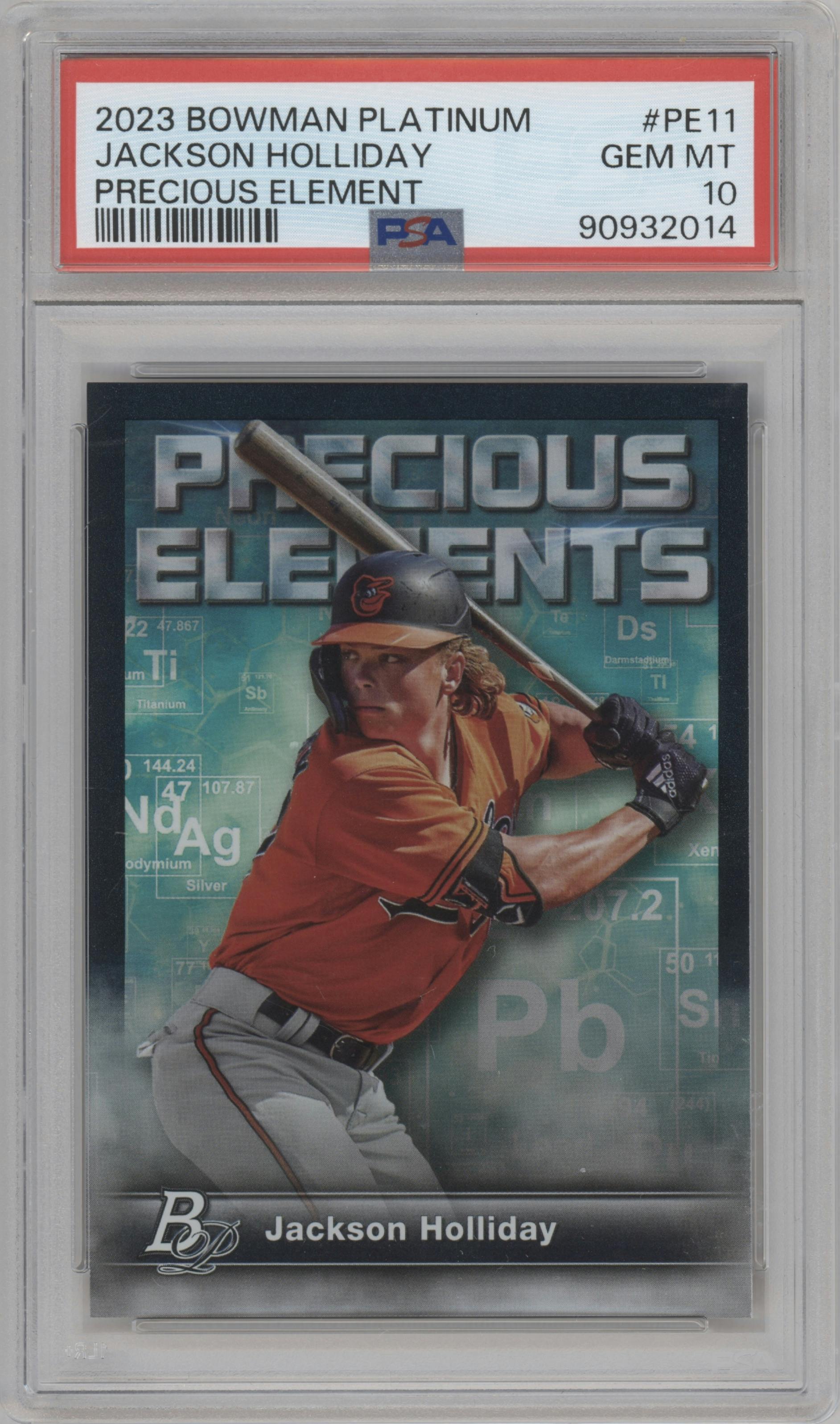 Jackson Holliday from the 2023 Bowman Platinum set graded by PSA and given an overall grade of 10.