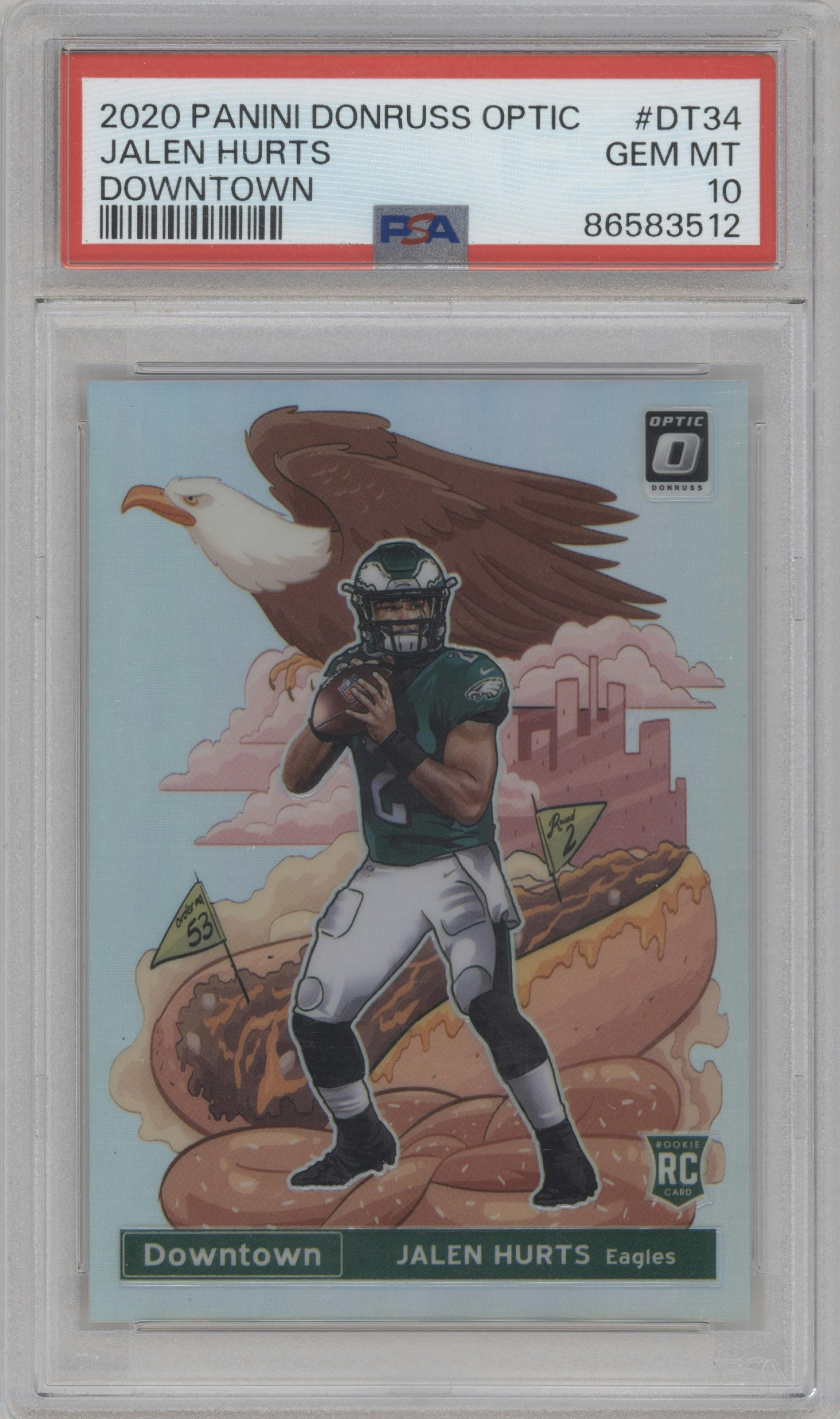 Jalen Hurts from the 2020 Panini Donruss Optic set graded by PSA and given an overall grade of 10.