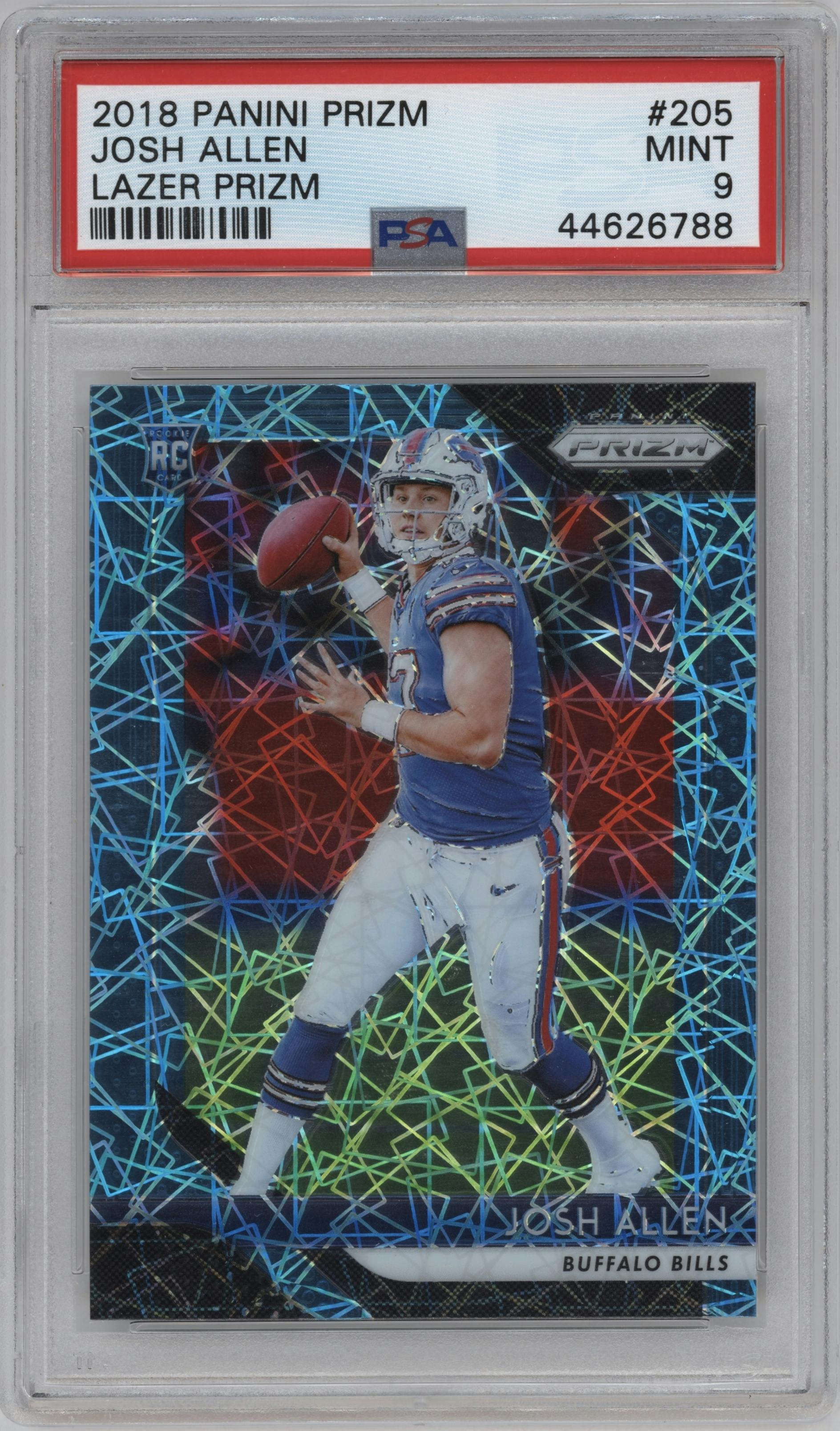 Josh Allen from the 2018 Panini Prizm set featuring a Lazer parallel graded by PSA and given an overall grade of 9.