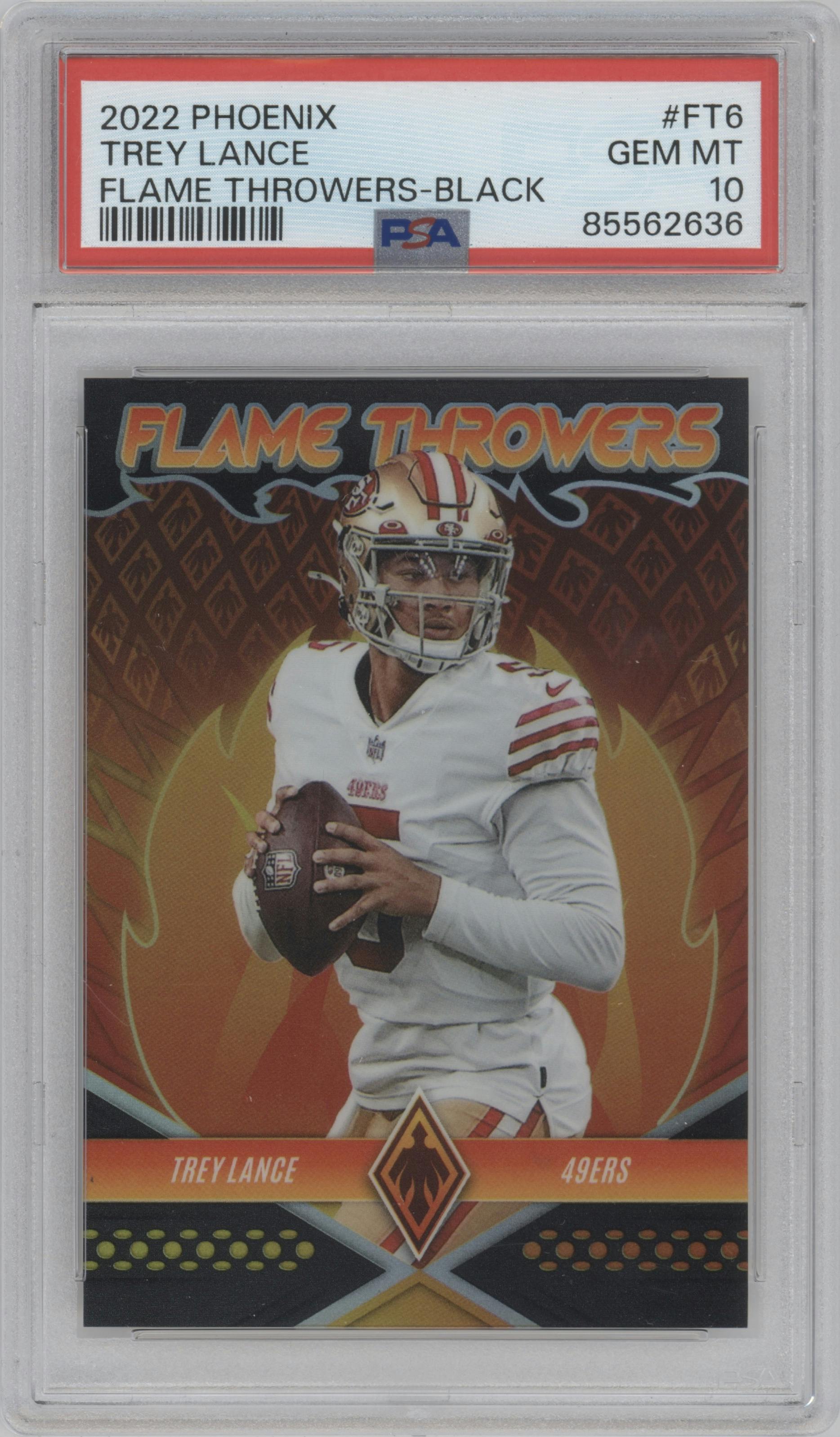 Trey Lance from the 2022 Panini Phoenix set featuring a Black parallel graded by PSA and given an overall grade of 10.