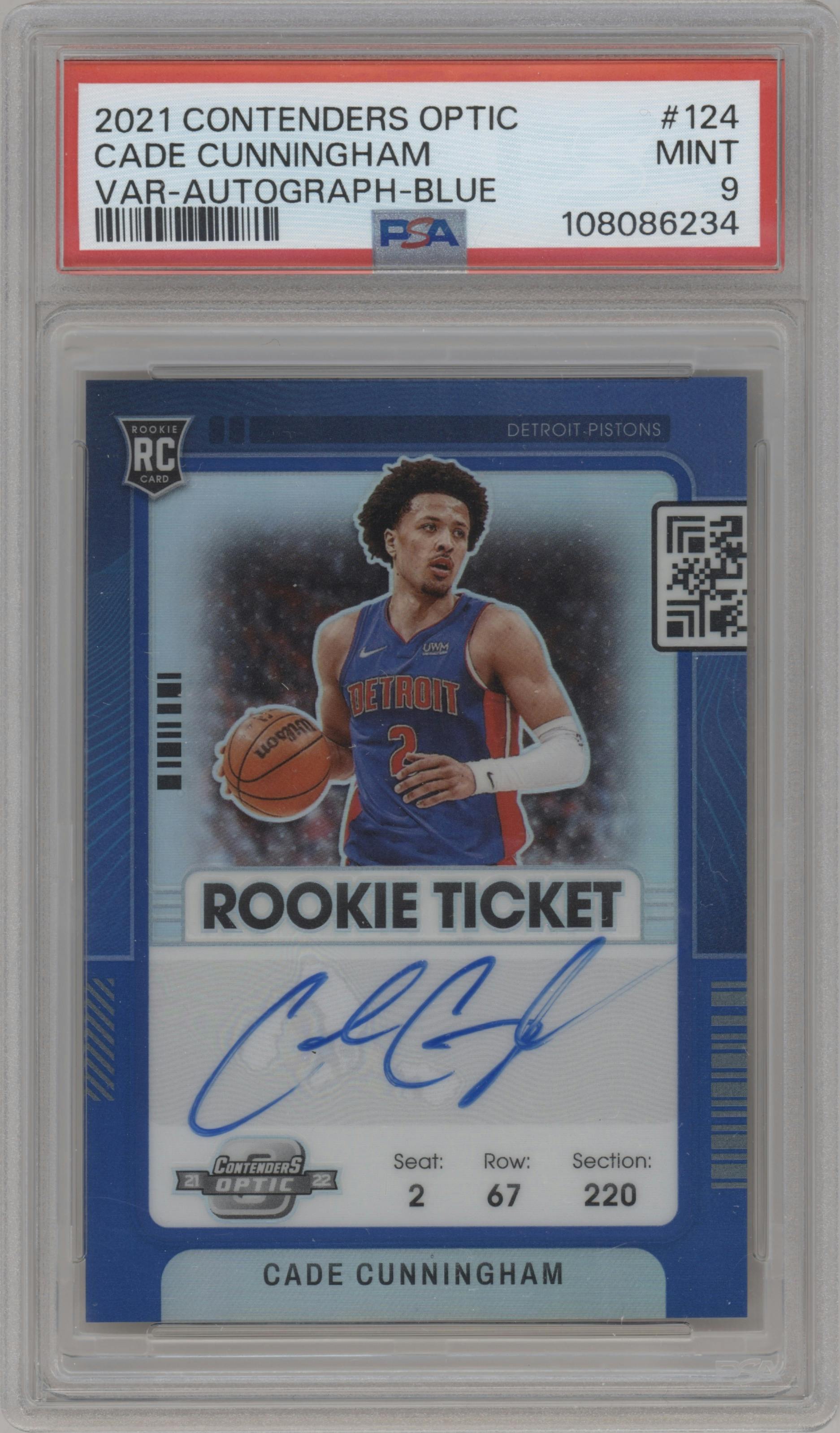 Cade Cunningham from the 2021-22 Panini Contenders Optic set featuring a Blue parallel graded by PSA and given an overall grade of 9.