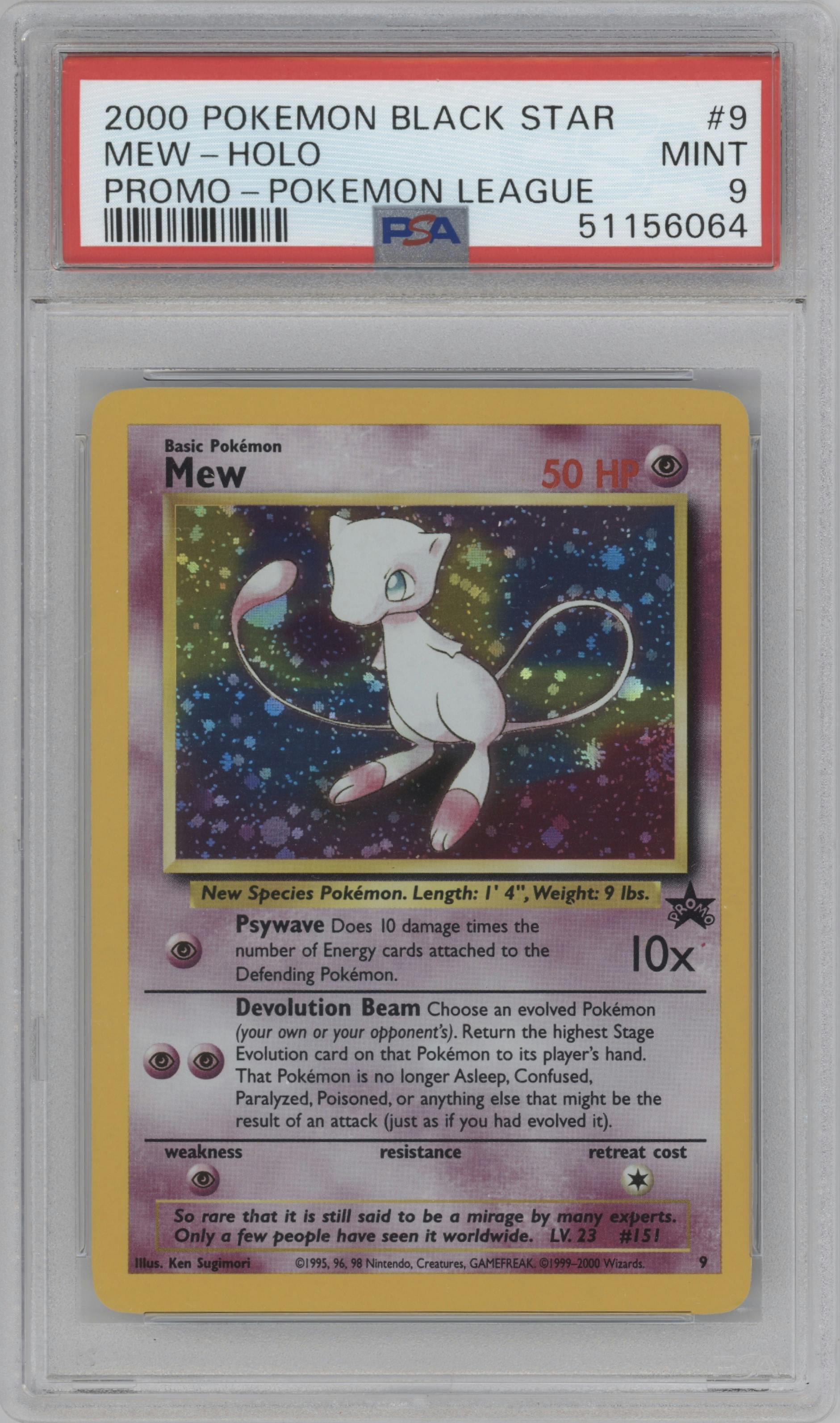 Mew from the 2000 Pokemon set featuring a Pokemon League parallel graded by PSA and given an overall grade of 9.