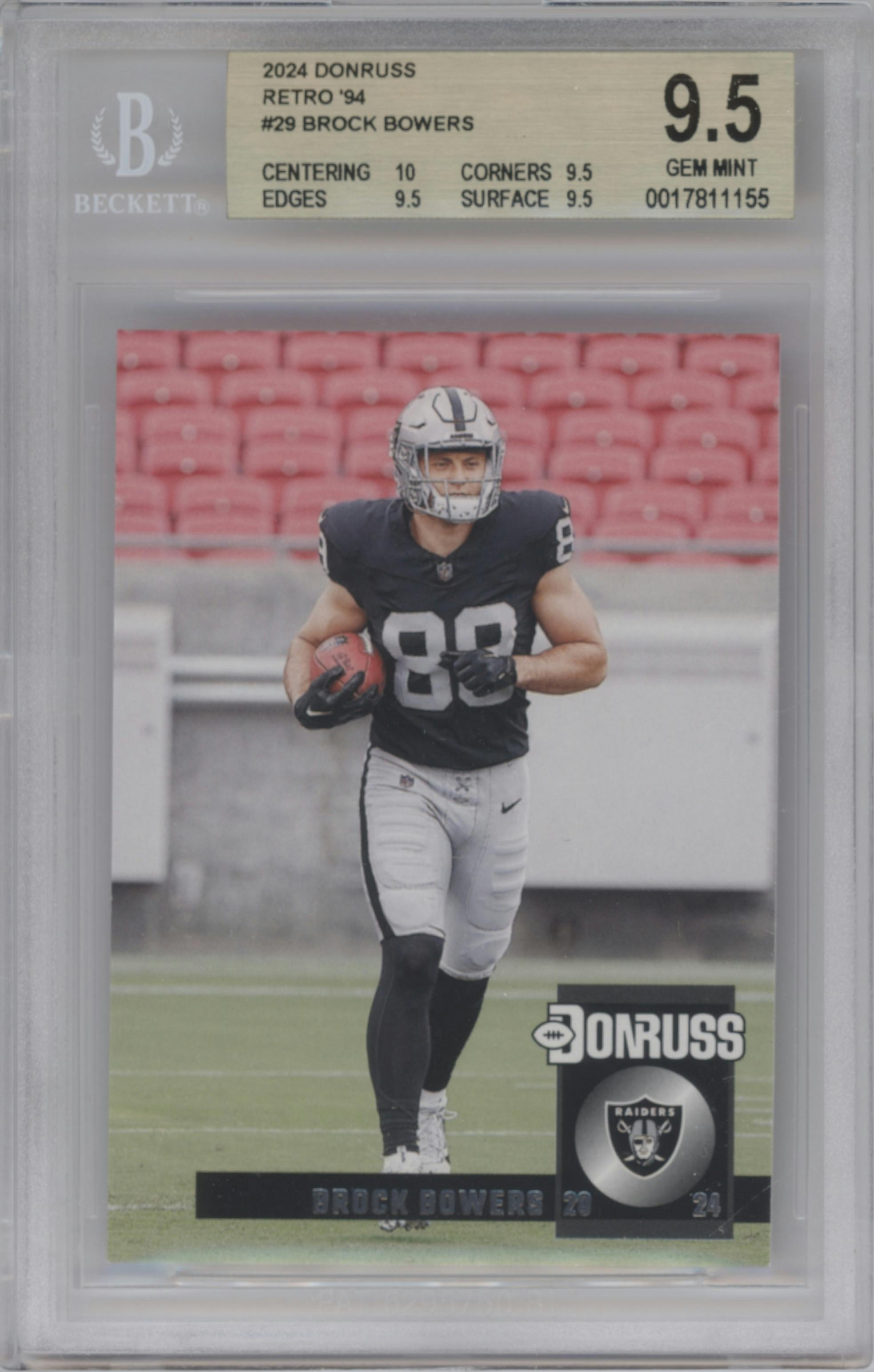 Brock Bowers from the 2024 Donruss set graded by Beckett and given an overall grade of 9.5.
