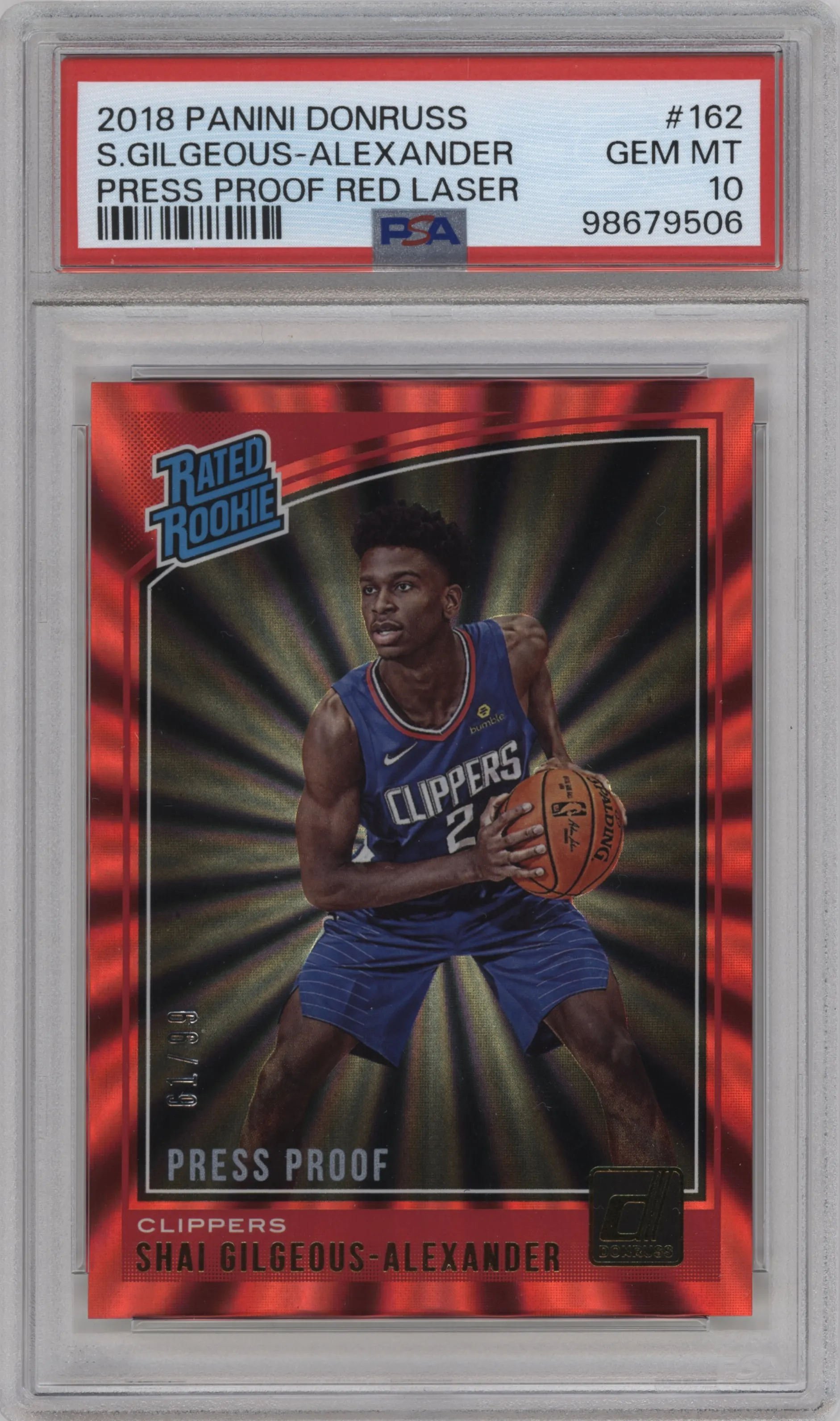 2018 Panini Donruss Rated Rookie Shai Gilgeous-Alexander Press Proof Red Laser #162 PSA 10