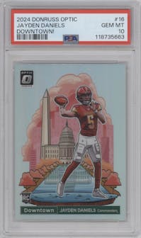 Jayden Daniels from the 2024 Donruss Optic set graded by PSA and given an overall grade of 10.